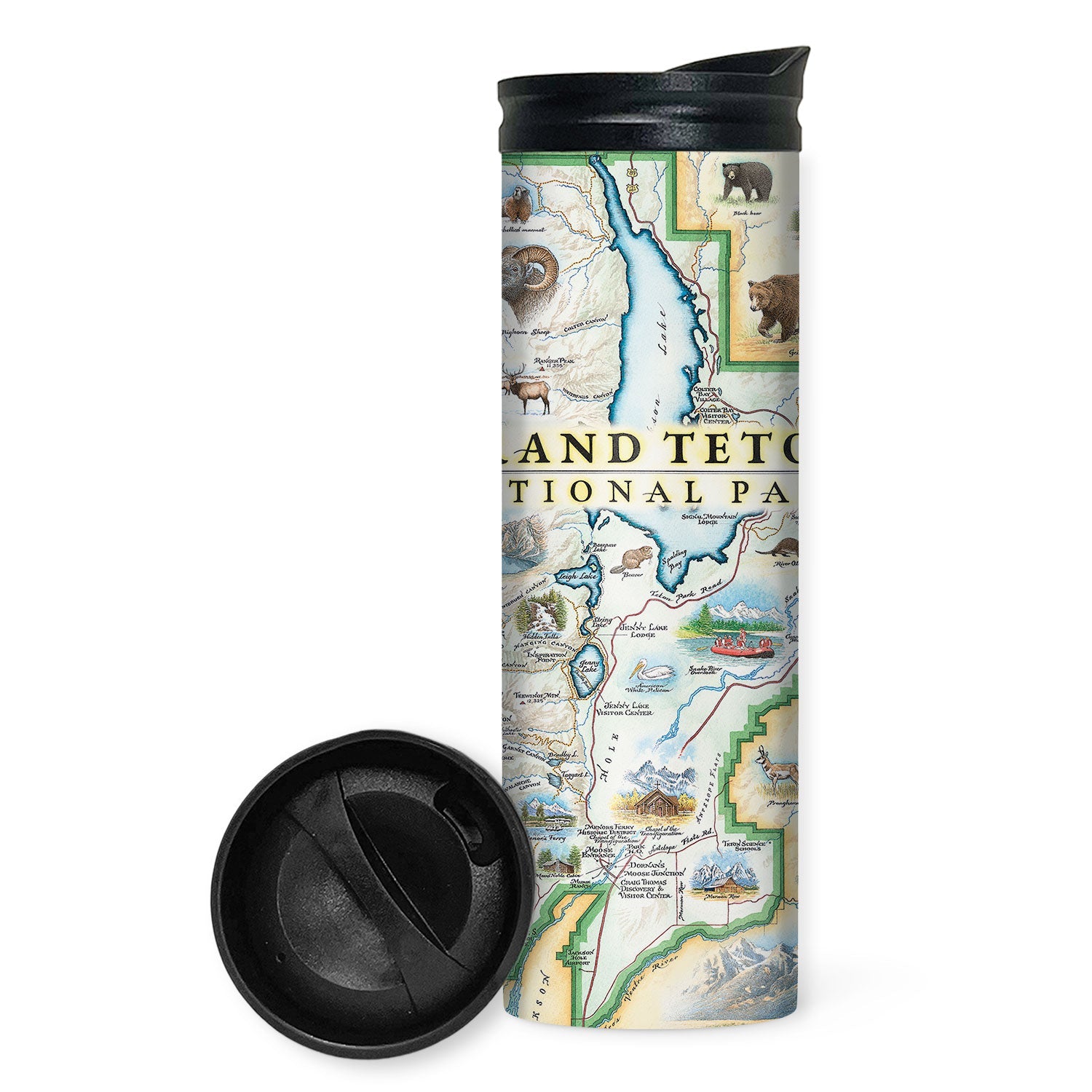 Water bottle with grand Teton national Park map printed on it against a white background