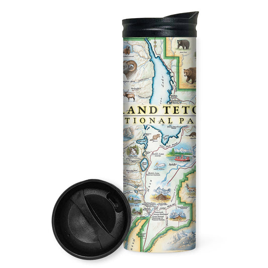 Water bottle with grand Teton national Park map printed on it against a white background