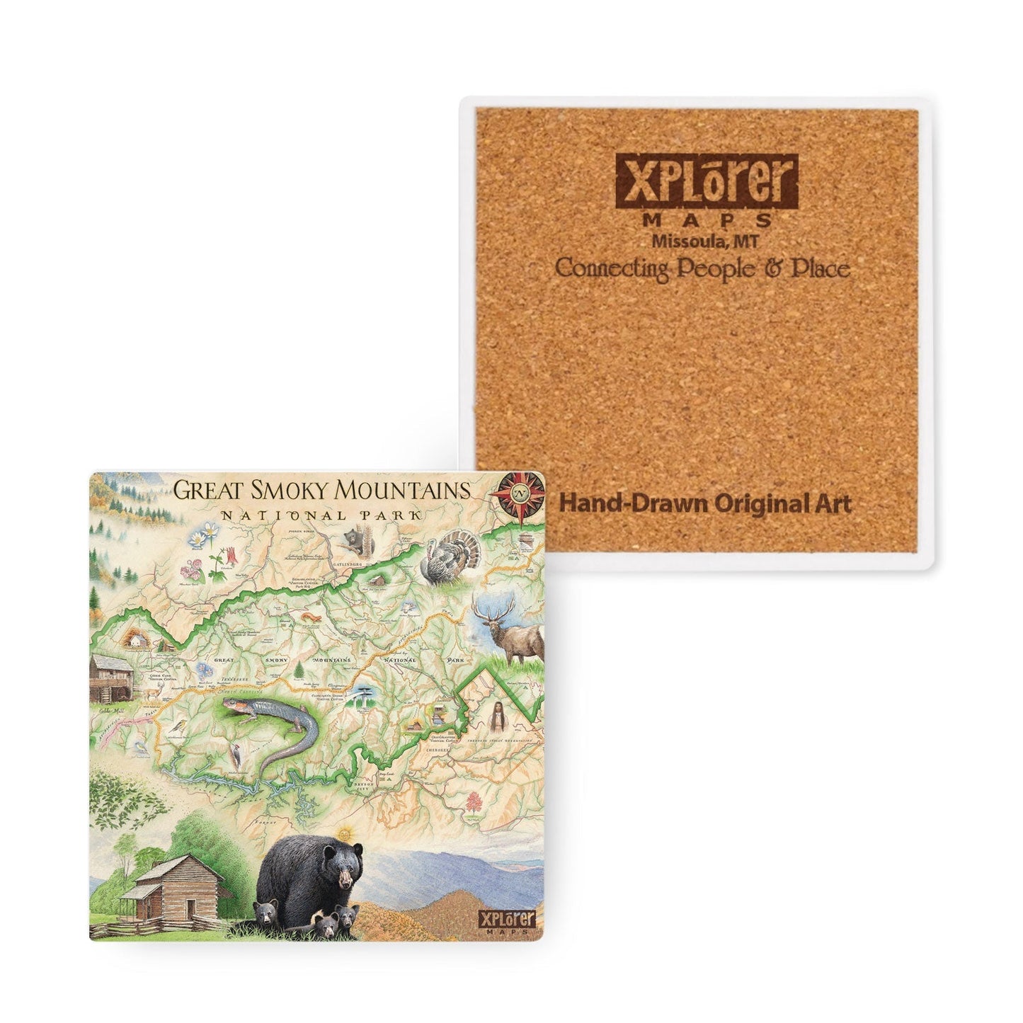 Two square Xplorer Maps coasters on a white background. One coaster shows a detailed hand-drawn map of Great Smoky Mountains National Park with a bear and cabin illustration.