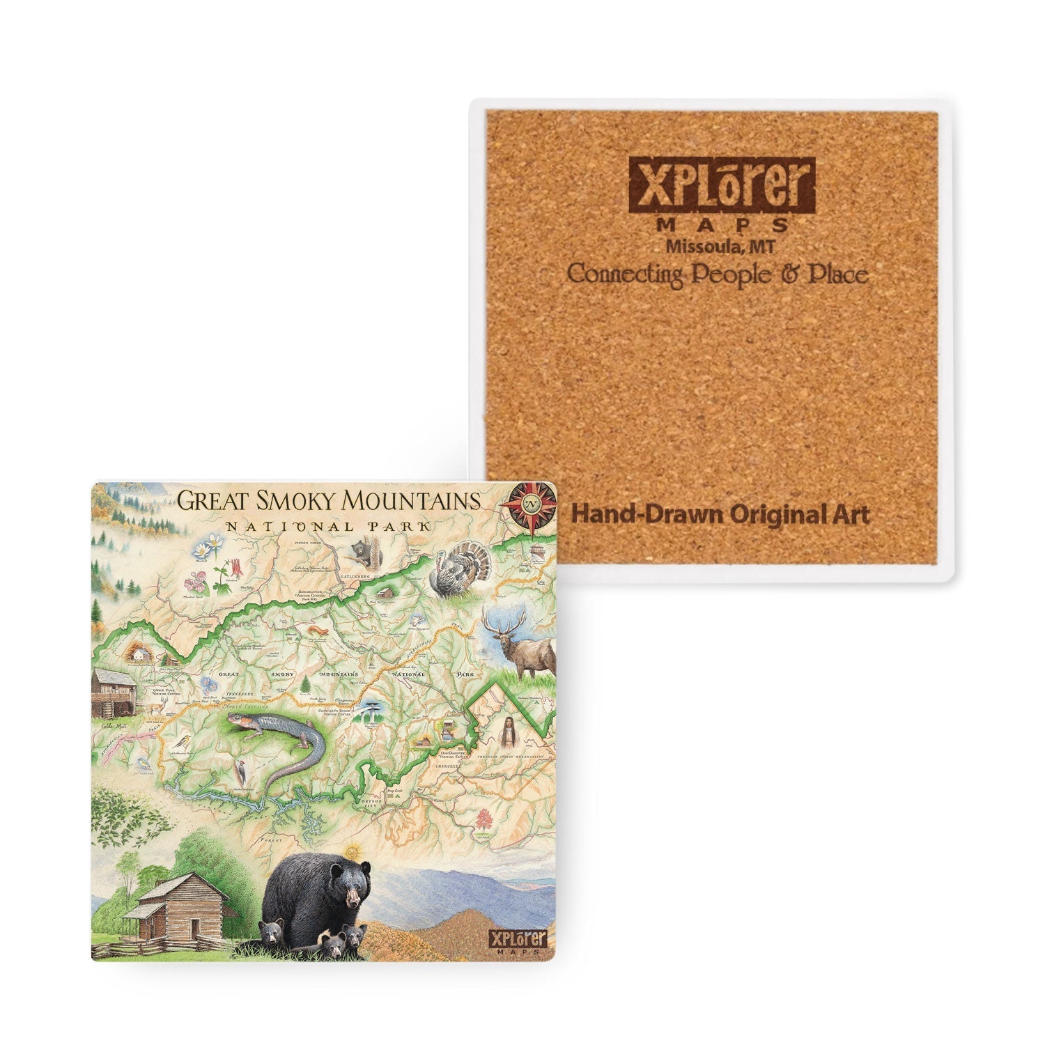 Two square Xplorer Maps coasters on a white background. One coaster shows a detailed hand-drawn map of Great Smoky Mountains National Park with a bear and cabin illustration.