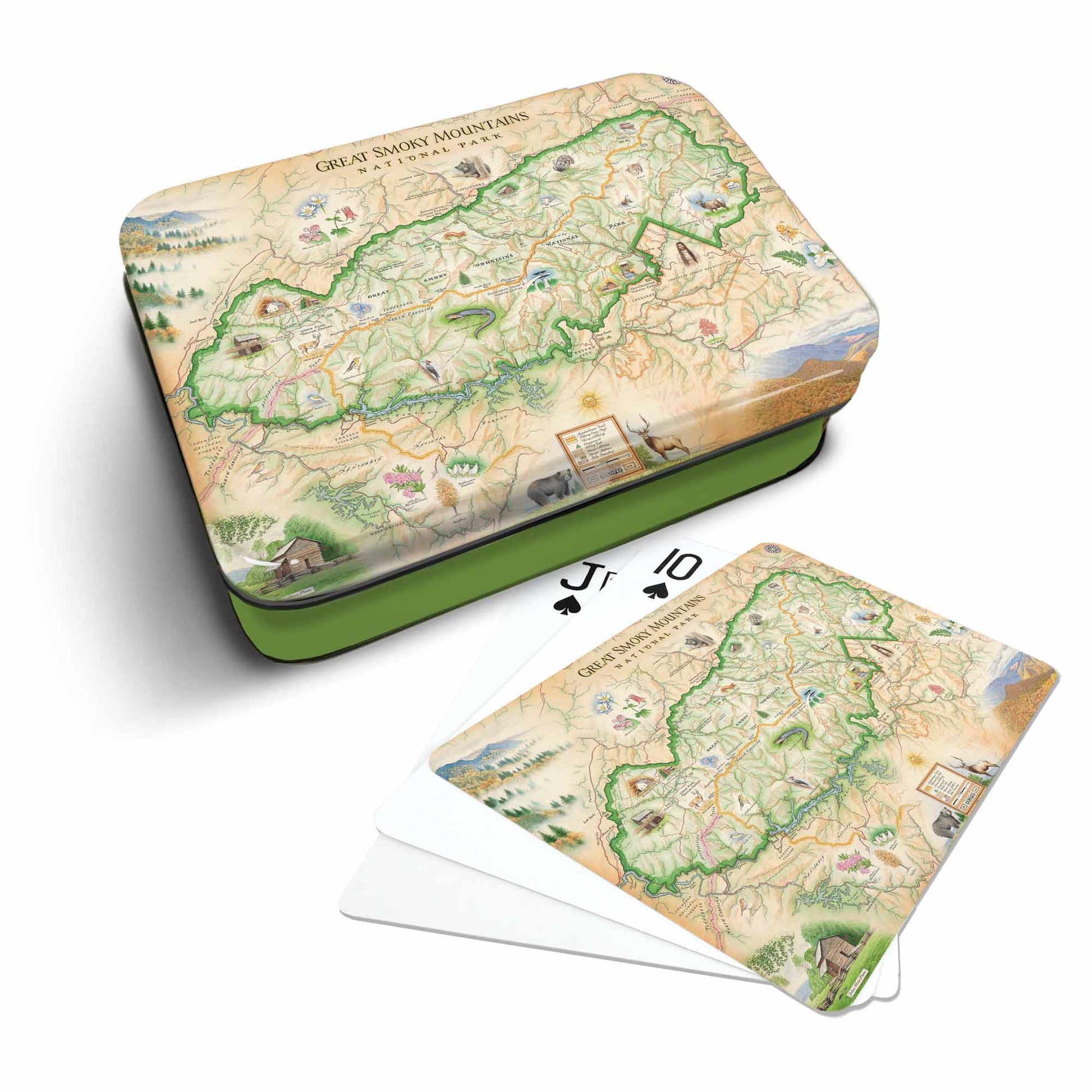 A set of playing cards with a vintage-style illustrated map cover, shown with a matching green-and-beige card tin on a white background.