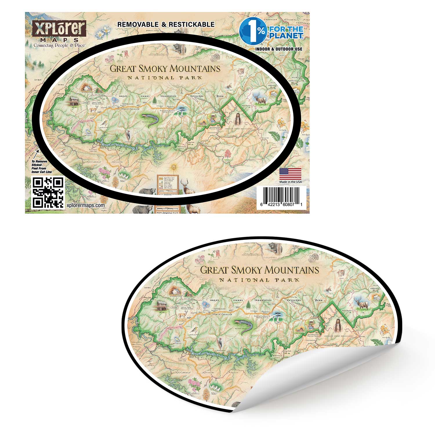 Xplorer Maps Great Smoky Mountains National Park oval sticker shown on its retail backing card and as a peeled-back decal, on a white background.