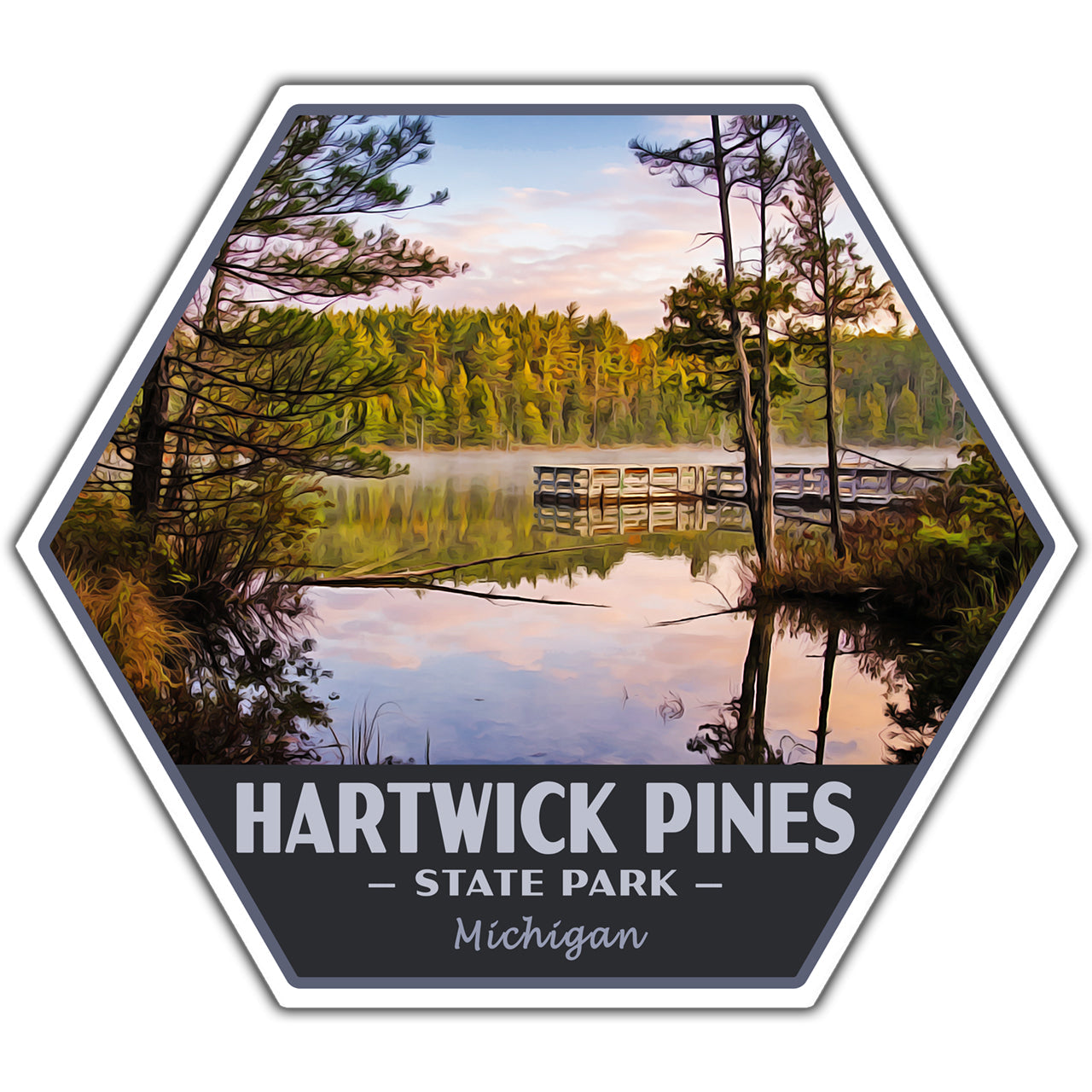Hexagonal sticker of Hartwick Pines State Park with a lake and dock scene.