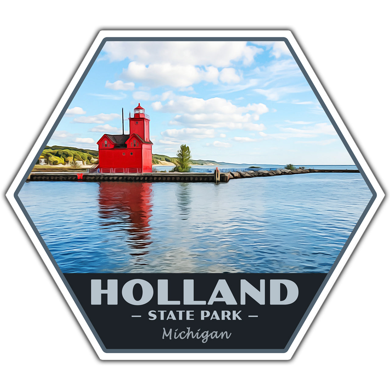 A hexagonal travel-style sticker featuring a red lighthouse at Holland State Park, Michigan, with water, sky, and the text 'HOLLAND STATE PARK Michigan' on a dark band at the bottom.