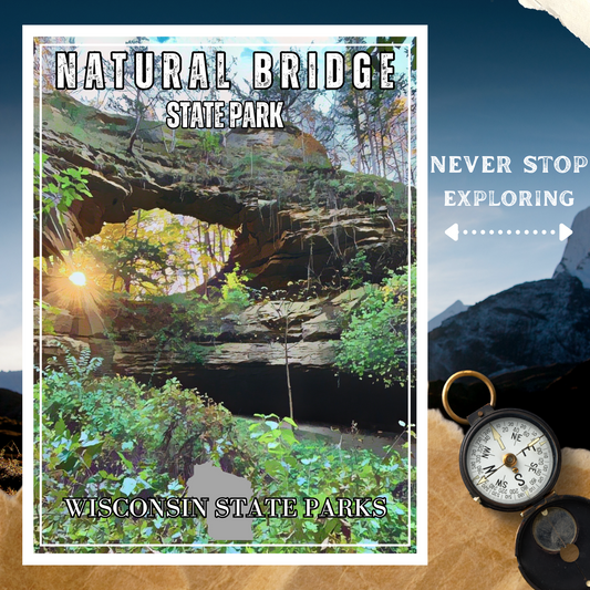 CCC inspired poster depicting a stone arch with the sun shining through the arch.
