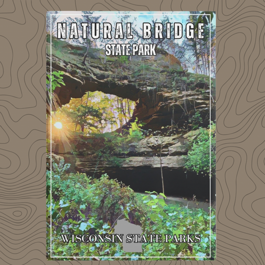 CCC inspired magnet depicting the sun shining through a Natural Bridge.