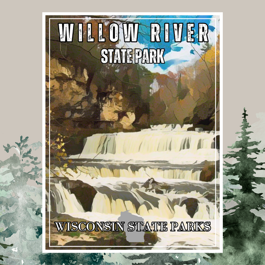 CCC inspired design of the roaring Willow River Falls at Willow River State Park.