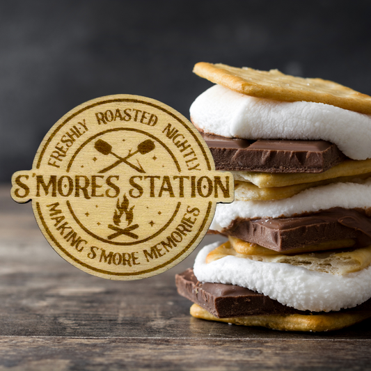 Engraved wood s’mores magnet with s’mores background