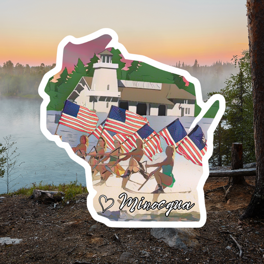 Wisconsin shaped sticker featuring water skiers holding American flags with the iconic Beacons resort.  Photo background: steam hover a calm lake at sunset.