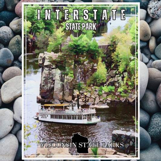 CCC style poster depicting a paddle wheel boat on the St. Croix River.  Photo background: pebbles.