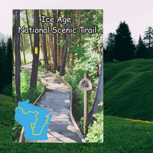 Metal button magnet depicting a boardwalk through the woods and a map showing the route of the Ice Age Trail.  Photo background: green rolling hills with trees at sunset.