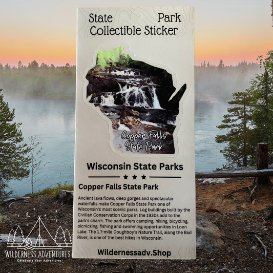 Wisconsin shaped sticker featuring the Tyler Forks Cascades and an otter.  Photo background: misty lake at sunrise.