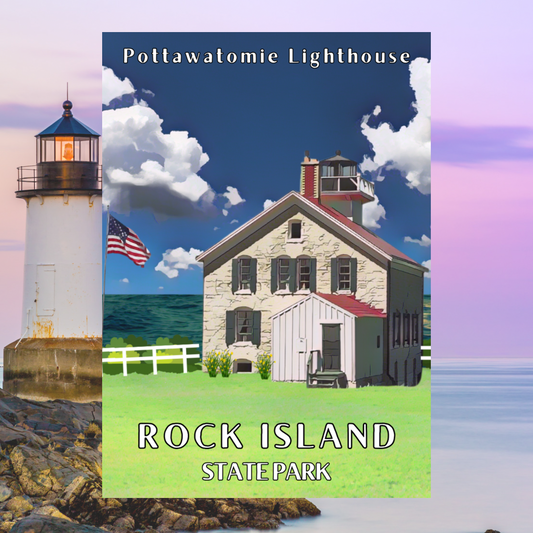Graphical depiction of the Pottawatomie lighthouse on Rock Island.  Photo background: coastal lighthouse at sunset.