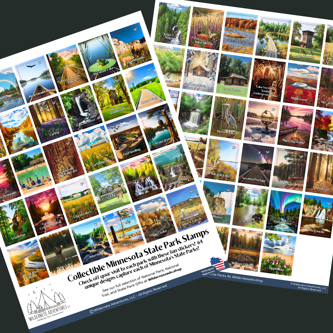 Two overlapping sheets of collectible Minnesota state park stamps displayed on a dark background. The sheets feature numerous colorful landscape and nature photo stamps with borders and text at the bottom reading 'Collectible Minnesota State Park Stamps'