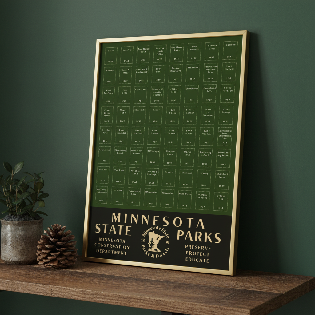 A framed Minnesota State Parks poster leaning against a dark green wall on a wooden shelf, with a small plant and pinecone beside it.
