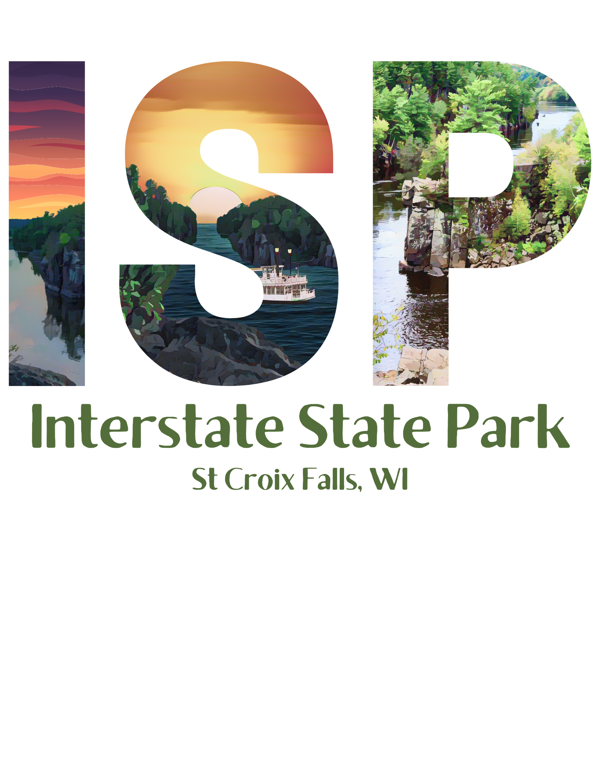 Closeup of ISP logo design with artistic prints and the text: Interstate State Park - St Croix Falls, WI”.  
