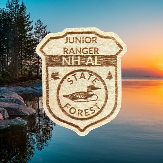 Wood Jr Ranger badge depicting a Loon and the text Junior Ranger NHAL State Forest.  Photo background: vibrant sunset over a calm lake.