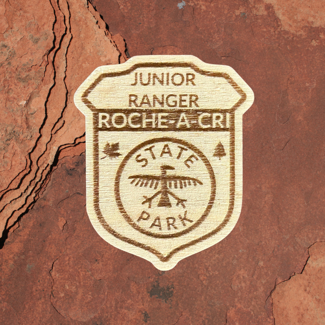 Wood Shaped badge with the text “Junior Ranger Roche-A-Cri State Park” and an petroglyph symbol.  Photo background: rock.