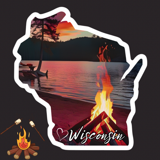 Wisconsin shaped sticker depicting a roaring campfire along a shore of a calm lake at sunset.  Features a heart symbol and the text Wisconsin.