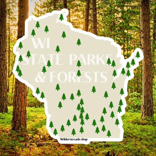 Wisconsin shaped sticker with tree symbols indicating the locations of Wisconsin’s State Parks and forests.  Features the test WI state parks and forests.  Photo Background: sunlight shining through pine trees.