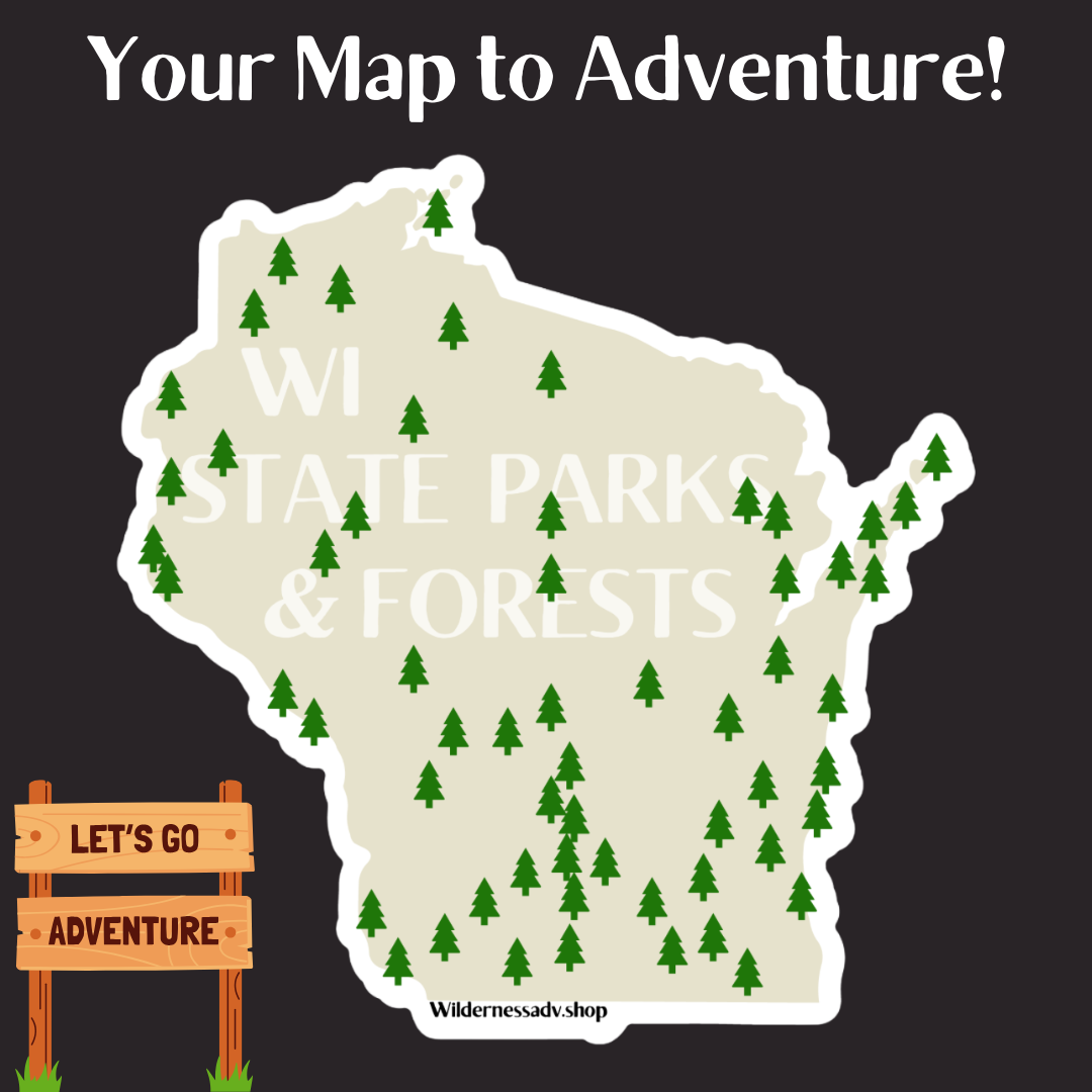 Wisconsin shaped sticker with tree symbols indicating the locations of Wisconsin’s State Parks and forests.  Features the test WI state parks and forests.