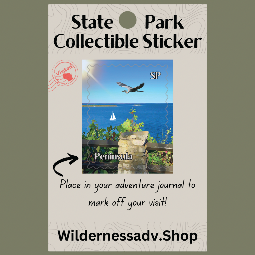 Sticker for Wisconsin State Park Adventure Journal depicting a Lake Michigan overlook and the text Peninsula SP. 