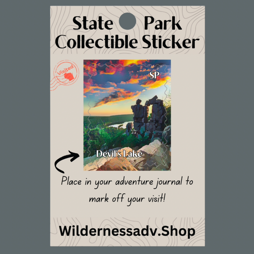 Sticker for Wisconsin State Park Adventure Journal depicting Devils Doorway at sunset and the text Devils Lake SP. 