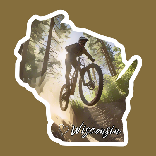 Wisconsin shaped sticker depicting a mountain biker, going down a wooded trail.