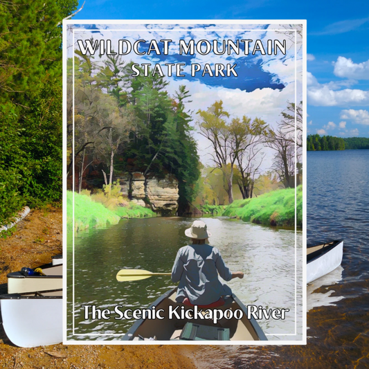 Poster featuring a canoeist paddling down a scenic river lined with trees and rock outcroppings.  Photo background: canoes pulled up on a sandy beach along a wooded lake shoreline.