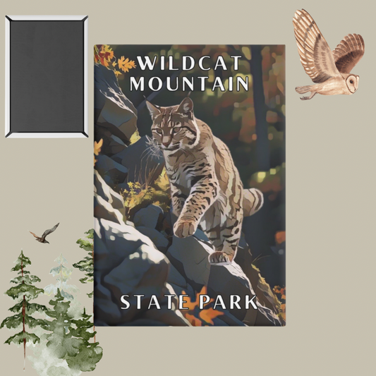 2x3” Button magnet featuring a Bobcat climbing on a rocky slope and the text: Wildcat Mountain State Park.  Photo Background: Watercolor trees and an owl flying, and a photo of the backside of the magnet.