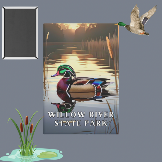 2x3” Button magnet featuring a vibrant wood duck swimming amongst reeds on a calm lake and the text: Willow River State Park.  Photo Background: flying duck and cartoon cattails, and a photo of the backside of the magnet.