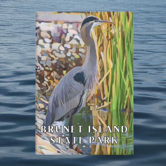 2x3” Button magnet featuring a Great Blue Heron standing in the water amongst reeds and cattails and the text: Brunet Island State Park.  Photo Background: ripples on the water.