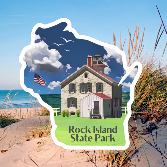 Wisconsin shaped sticker featuring the historic Pottawatomie Lighthouse situated along a coastal shore.  Photo background: sand dunes along a lake.