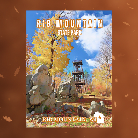Button magnet featuring a fall scene of trees in fall leaf color, rock outcroppings and an observation tower with the text Rib Mountain State Park, Rib Mountain, WI.  Photo background: brown color with leaves falling.