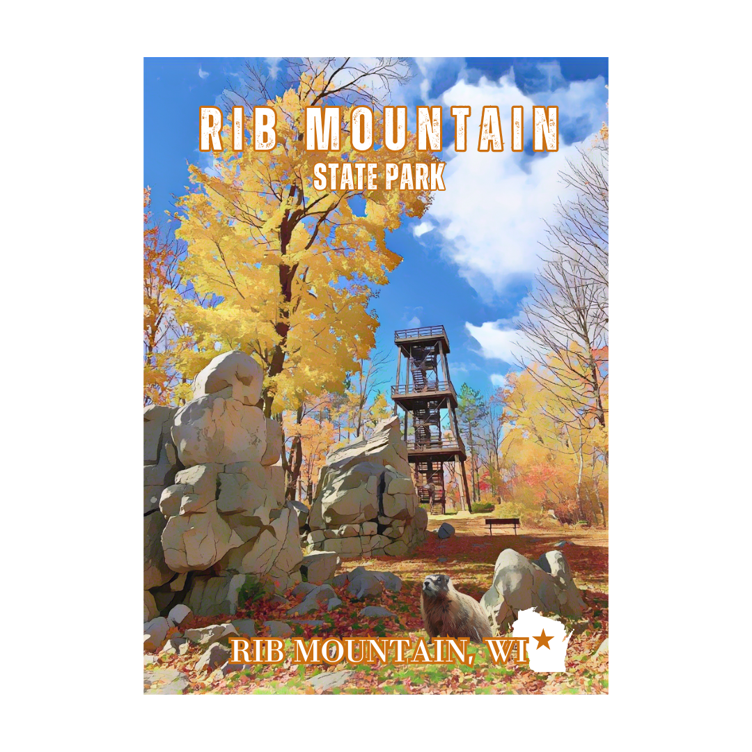 Button magnet featuring a fall scene of trees in fall leaf color, rock outcroppings and an observation tower with the text Rib Mountain State Park, Rib Mountain, WI. 
