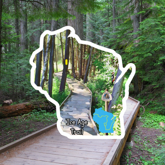 Wisconsin shaped Ice Age Trail sticker depicting a boardwalk through the woods and a blue silhouette of WI and the IAT route.  Photo background: boardwalk winding through a lush woods.