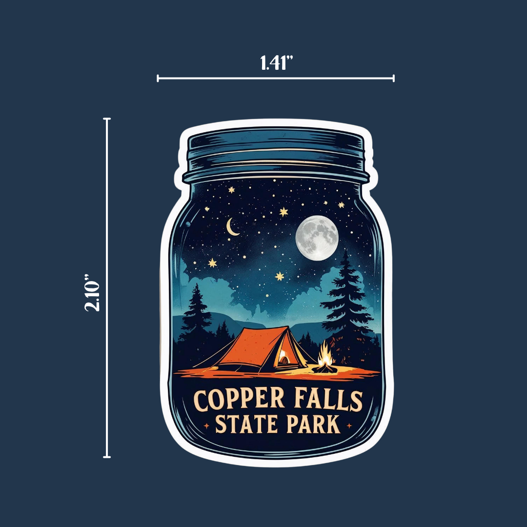 A mason jar shaped decal with an image of a tent set up in the woods under a full moon and starry sky and the text Copper Falls State Park.  Photo background: dark blue background with size indicators indicating the size of the sticker.