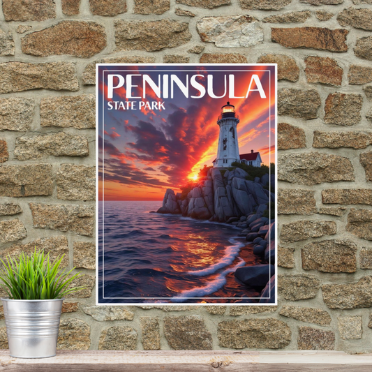 Poster depicting a vivid image of a weathered lighthouse on a rock outcropping against the back drop of a colorful sunset over Lake Michigan and the text Peninsula State Park.  Photo background: poster hanging on a weathered rock wall above a rustic wood shelf with potted plant.