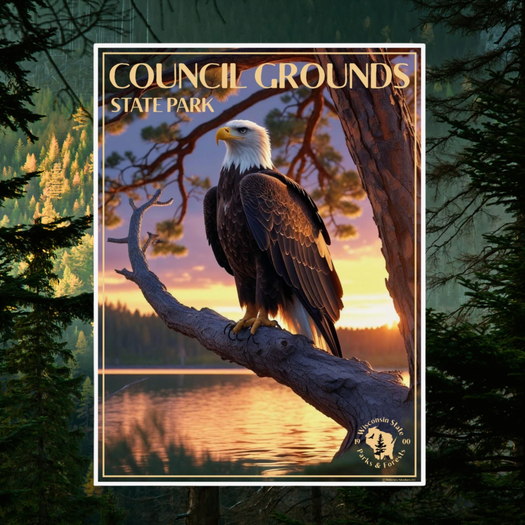 Poster depicting a majestic bald eagle sitting on a pine branch over looking a pristine lake at sunset, and the text Council Grounds State Park. Photo Background: pine forest and mountains.