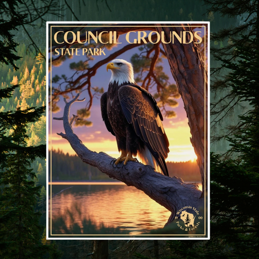 Poster depicting a majestic bald eagle sitting on a pine branch over looking a pristine lake at sunset, and the text Council Grounds State Park. Photo Background: pine forest and mountains.