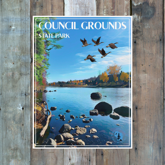 Poster depicting a flock of geese flying over a river lined with fall colored foliage.  Photo Background: rustic barn wood.