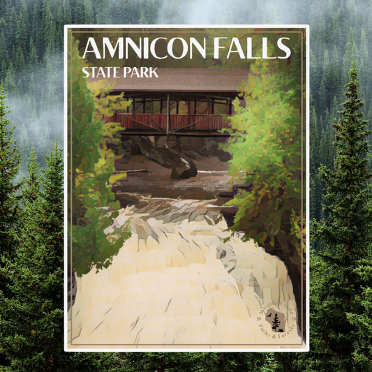 Poster featuring the Historic Horton Bridge at Amnicon Falls State Park with water rushing below it. Photo background:mist rising from the canopy of a pine forest.