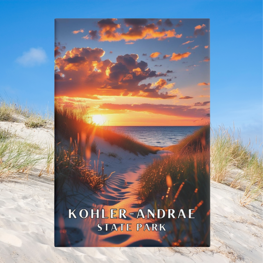 2x3” button magnet featuring a vibrant sunrise through the dunes over Lake Michigan.  Photo background: looking out over a dune to a lake.