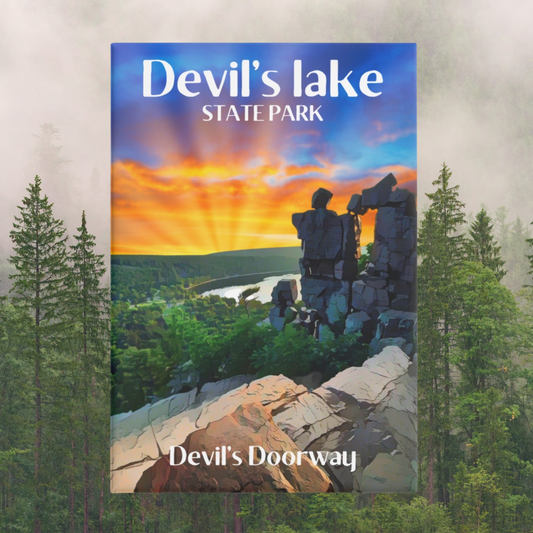 Magnet featuring a design of Devil’s doorway against a vibrant sunset.  Photo background:  trees covered hidden in fog.