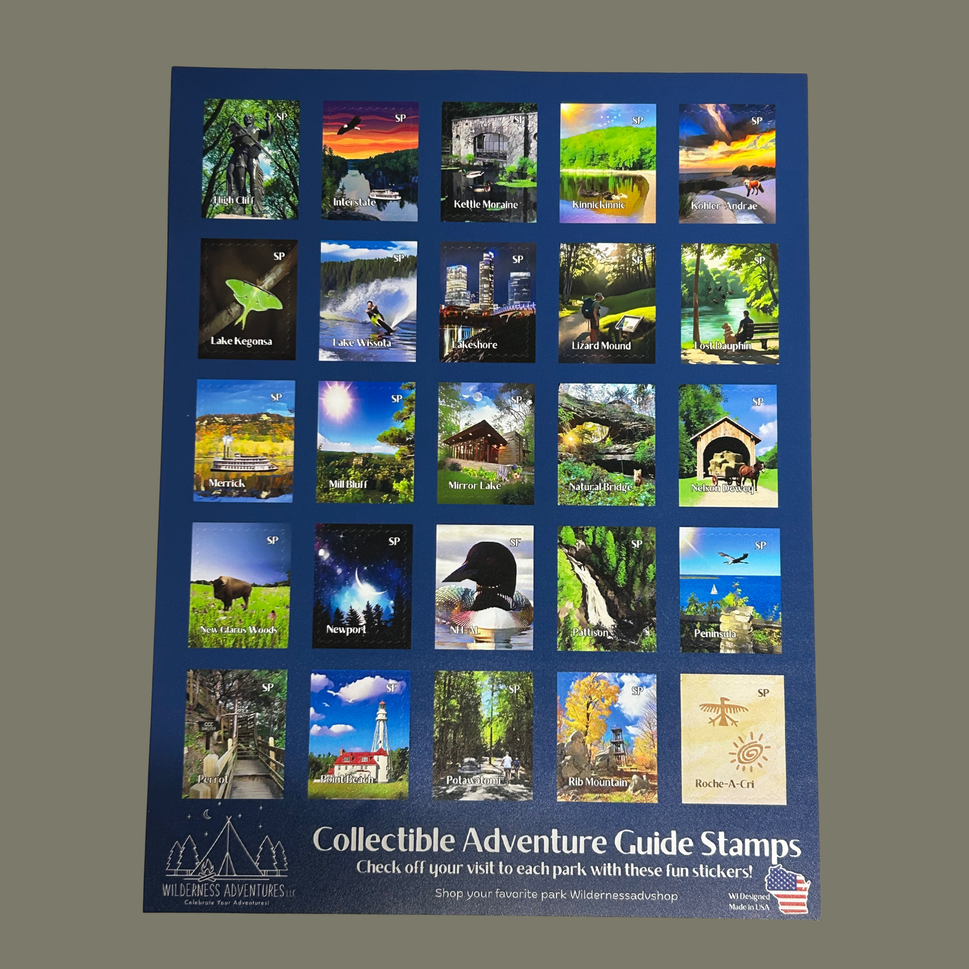 A dark blue sticker sheet of 25 stamp shaped decals for the Wisconsin State Parks, Forests, and Trails Adventure Guide. 