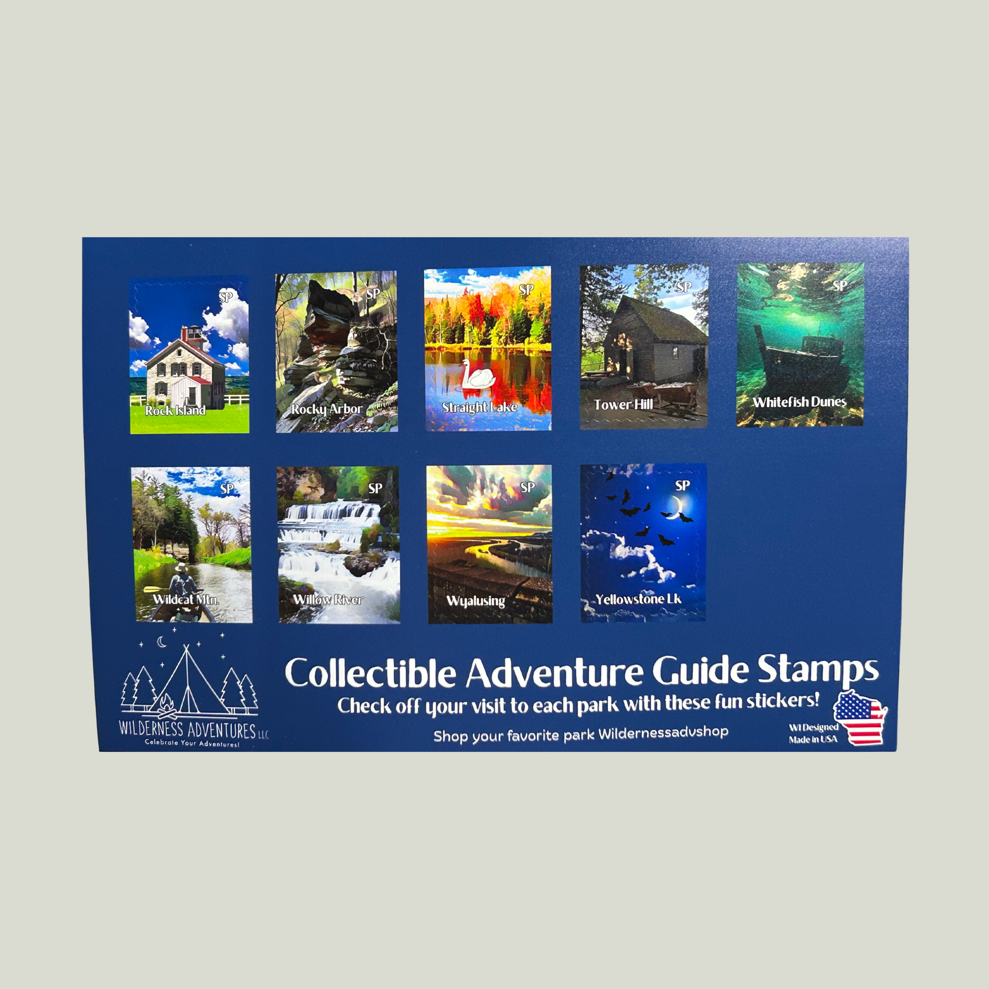 A dark blue sticker sheet of 9 stamp shaped decals for the Wisconsin State Parks, Forests, and Trails Adventure Guide. 