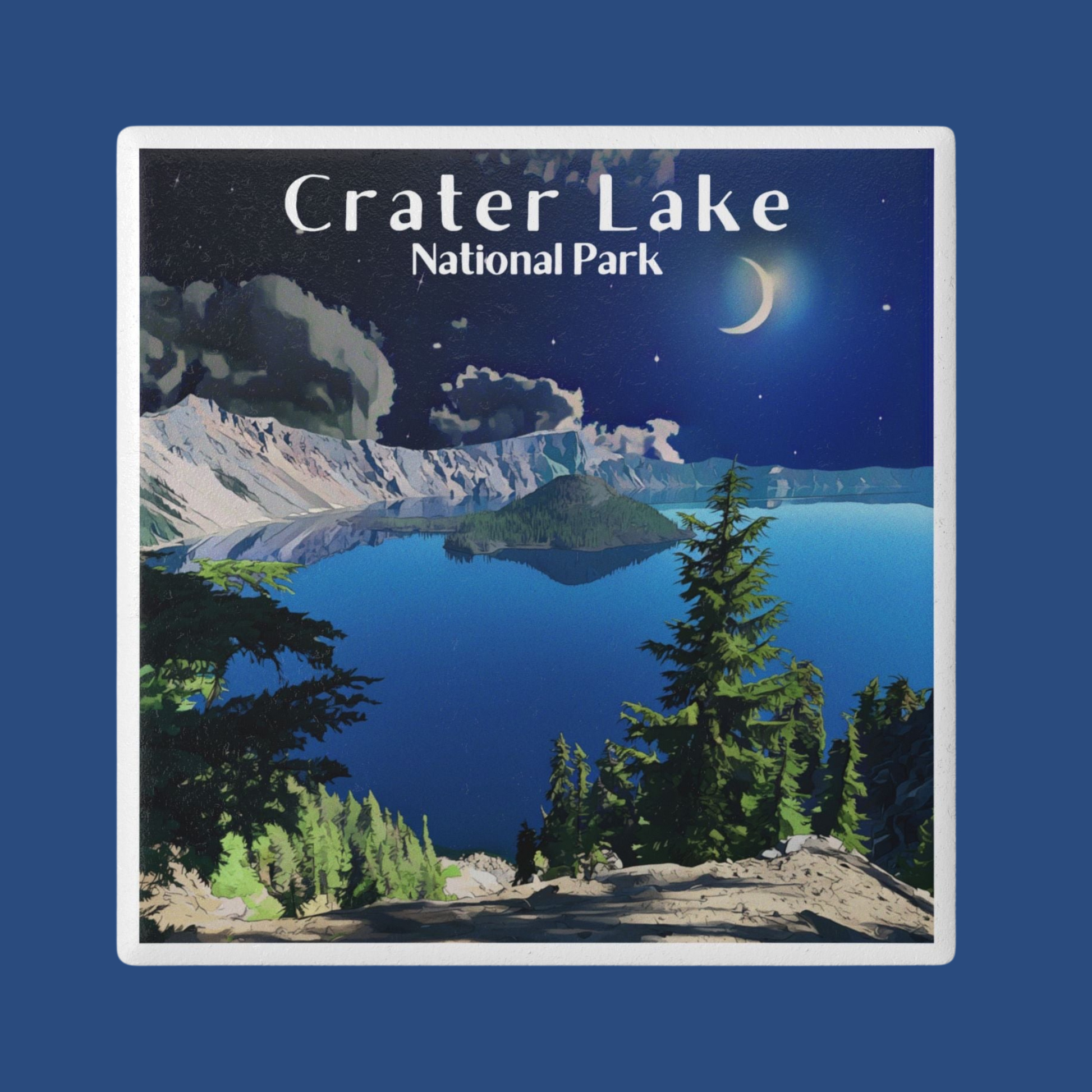 Ceramic coaster design featuring of the midnight sky over crater Lake and the text crater Lake national park.  Solid blue photo background.