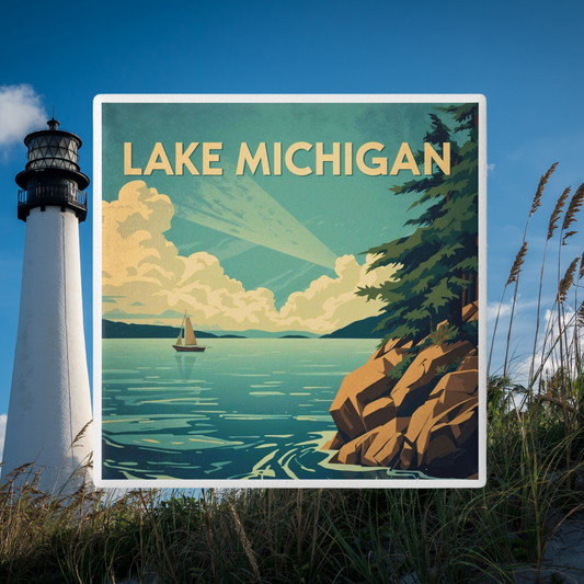 Ceramic coaster design featuring a rocky shoreline with trees and a vast lake with a sail boat, blue sky with white clouds and the text Lake Michigan.  Photo Background: a tall white lighthouse surrounded by tall grasses.