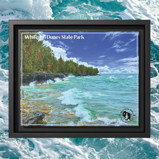 Black framed canvas, print featuring large waves crashing against the rocky Shores of whitefish Dune State Park.  Photo background: close up of crashing waves.