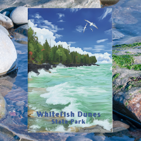 2x3” button magnet featuring a rocky shoreline with waves crashing against the rocks and the text: Whitefish Dunes State Park.  photo background: close up of rocks in the water.